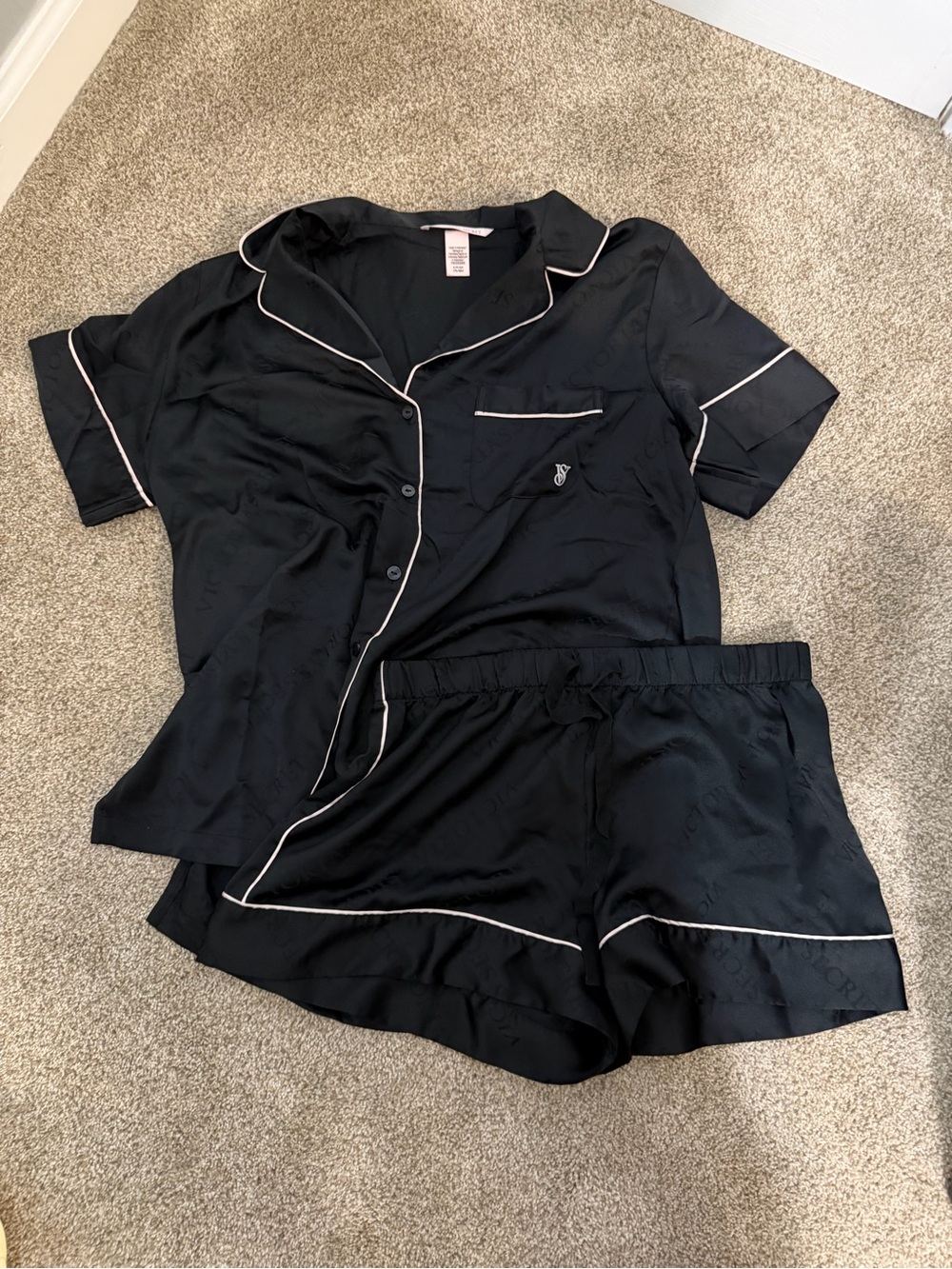 Victoria Secret Silky Black Short Pajama Set with Contrast Piping